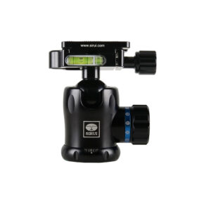 Black Sirui K-10 II Ball Head: a three-legged ball head with adjustment knobs and a built-in spirit level, against a white background.