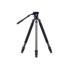 The Sirui R-3213X Carbon Fibre Tripod + VH-10 Video Head is a camera tripod with three adjustable legs, black foam handles and a long handle with a liquid pan head against a white background.