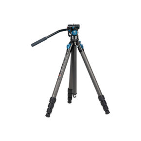 Sirui ST-124 Carbon fibre tripod + VA-5 Video head, a black and silver camera tripod with adjustable feet and pan handle, is shown against a white background.