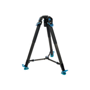 Sirui SVT-75 PRO -videostatiivi, jossa on mustansininen muotoilu, kolme säädettävää jalkaa ja sininen lukitusmekanismi, näkyy avattuna valkoista taustaa vasten.