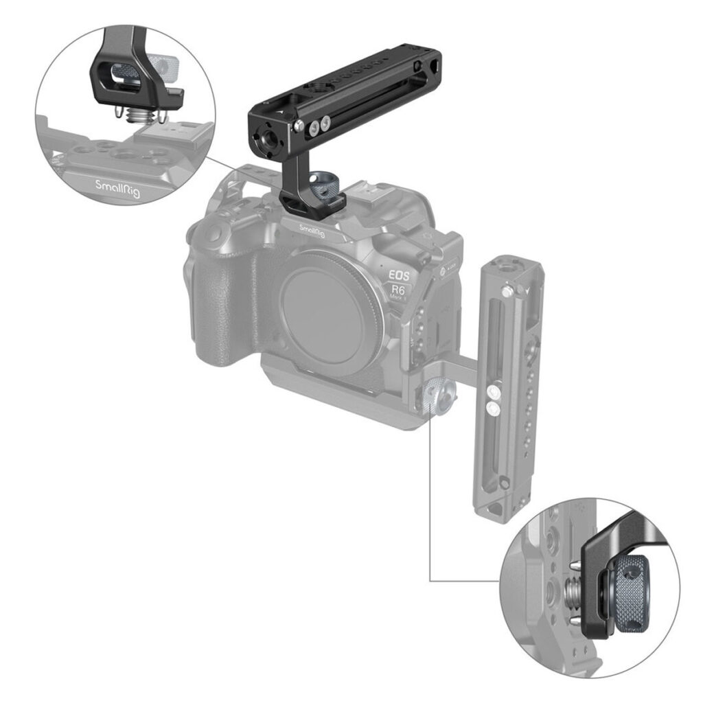 SmallRig-4153-3 SmallRig 4153 Adjustable Top Handle ARRI Mount ja sivukiinnike on kiinnitetty Canon EOS R6 -kameraan. Kahdessa insertissä on lähikuvia yläkahvan kiinnitysmekanismista ja sivukannattimen kiinnikkeestä.