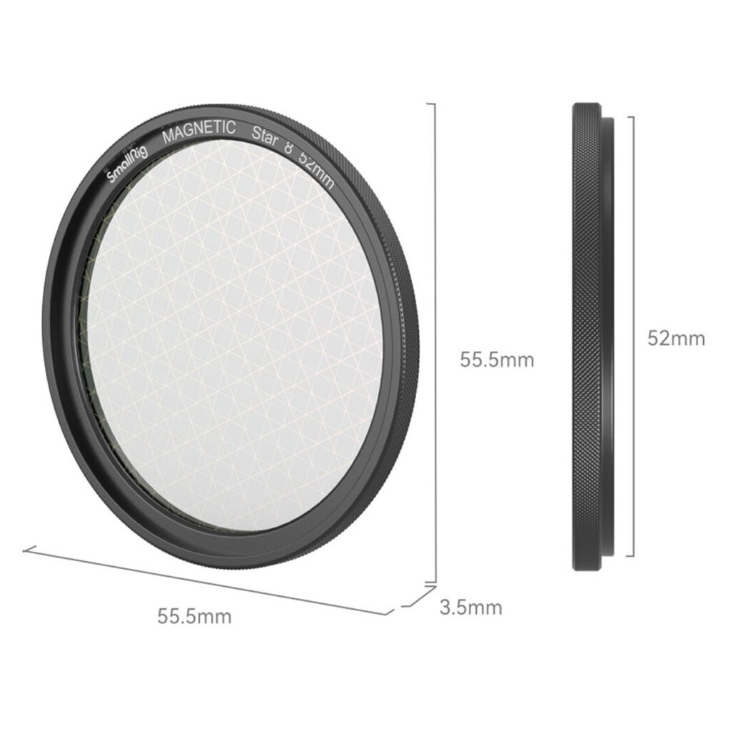 SmallRig-4218-3 SmallRig 4218 MagEase Magnetic Star-Cross 52mm Filter Kit (8 pistettä) on esitetty edestä ja sivulta, ja siinä on heikko geometrinen kuvio. Mitat: 55,5 mm halkaisija, 52 mm sisähalkaisija ja 3,5 mm paksuus.