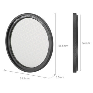 SmallRig-4218-3 SmallRig 4218 MagEase Magnetic Star-Cross 52mm Filter Kit (8 pistettä) on esitetty edestä ja sivulta, ja siinä on heikko geometrinen kuvio. Mitat: 55,5 mm halkaisija, 52 mm sisähalkaisija ja 3,5 mm paksuus.