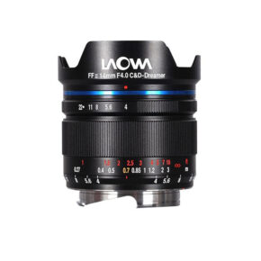 laowa_14mm_rl The Laowa 14mm f/4 FF RL Zero-D L-mount lens with wide front element, focus and aperture markings and metal mount is shown against a white background.
