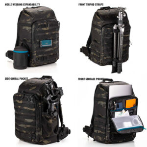 tenba_axis_32l_camo_01 Tenba Axis v2 32L Backpack MultiCam -kamerareppu näkyy neljästä kulmasta, ja siinä on MOLLE-verkko, jalustan pitelevät eturemmit, sivutasku, jossa on gimbaali, ja avoin etuosa, jossa säilytetään kannettavaa tietokonetta ja tarvikkeita.