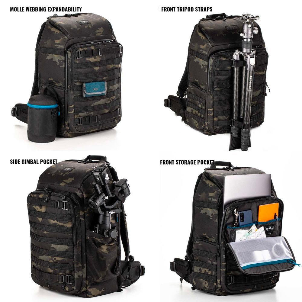 tenba_axis_32l_camo_01 Tenba Axis v2 32L Backpack MultiCam -kamerareppu näkyy neljästä kulmasta, ja siinä on MOLLE-verkko, jalustan pitelevät eturemmit, sivutasku, jossa on gimbaali, ja avoin etuosa, jossa säilytetään kannettavaa tietokonetta ja tarvikkeita.