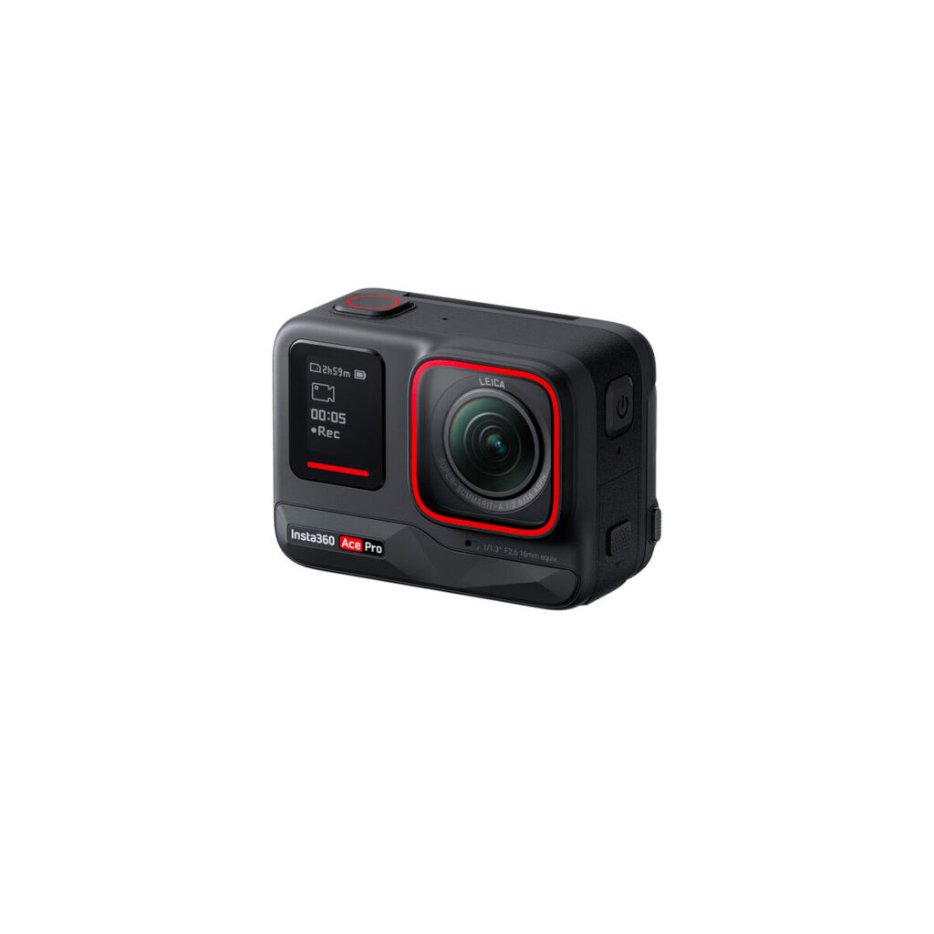 Insta360_Acepro_003 Black Insta360 Ace Pro 8K Action Camera with red accent, large lens, front screen and visible branding, displayed on a white background.