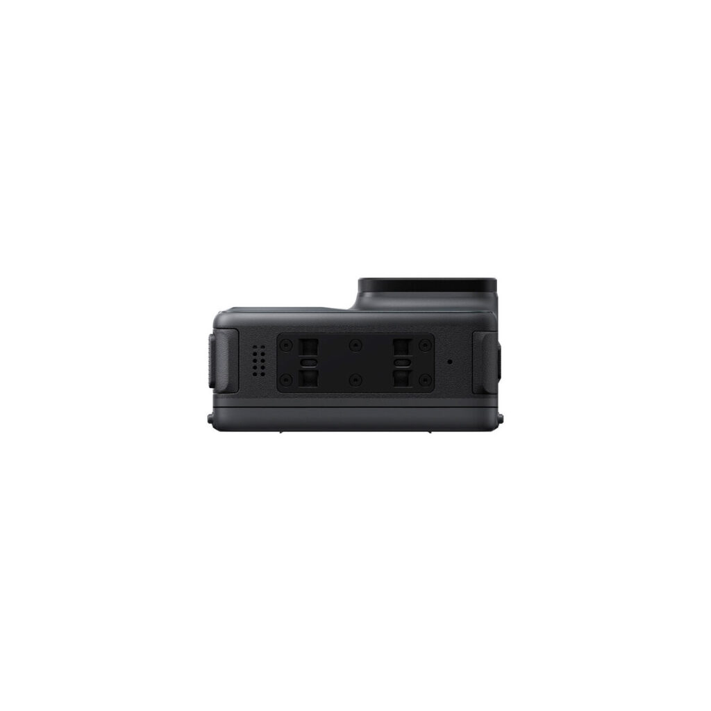 Insta360_Acepro_004 The Insta360 Ace Pro 8K Action Camera, shot in black from below, shows the mounting area, battery compartment and ports against a white background.