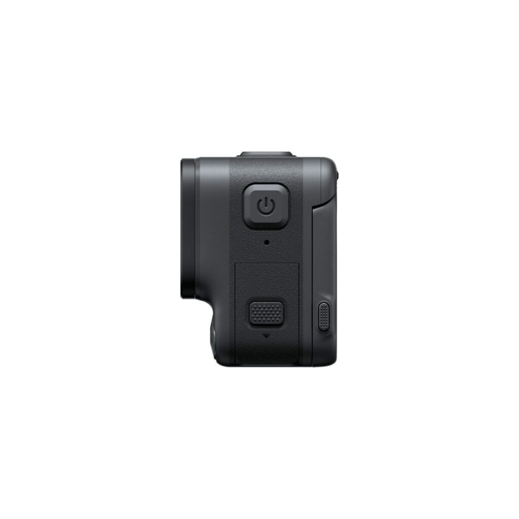 Insta360_Acepro_005 Side view of the black Insta360 Ace Pro 8K Action Camera with power button, textured grip area and small side port, all against a white background.