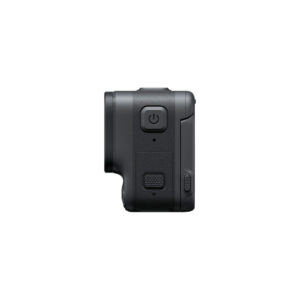 Insta360_Acepro_005 Side view of the black Insta360 Ace Pro 8K Action Camera with power button, textured grip area and small side port, all against a white background.