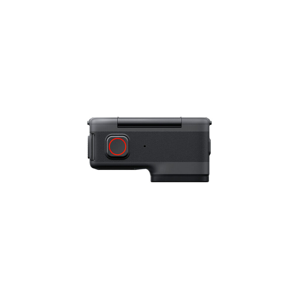 Insta360_Acepro_006 Side view of the black Insta360 Ace Pro 8K Action Camera with minimal rectangular design, large red circled button and slightly protruding handle in the bottom right corner.