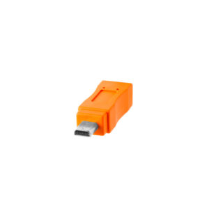 Tether-Tools-TetherPro-USB-C-to-20-Mini-B-8-Pin-04 The Tether Tools TetherPro USB-C 2.0 Mini-B to 8-pin USB-C adapter is orange and appears on a white background.