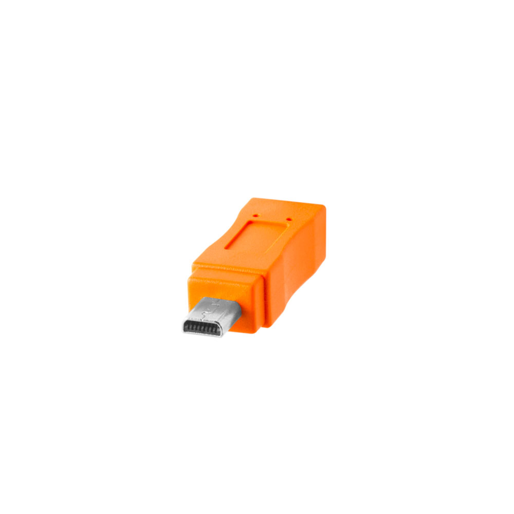 Tether-Tools-TetherPro-USB-C-to-20-Mini-B-8-Pin-04 The Tether Tools TetherPro USB-C 2.0 Mini-B to 8-pin USB-C adapter is orange and appears on a white background.