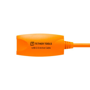 Tether-Tools-TetherPro-USB_20-Active-Extension-Cable-10m_02 The Tether Tools TetherPro USB 2.0 Active Extension Cable 10m is an orange cable with a connector box with the brand name and product information in black text.