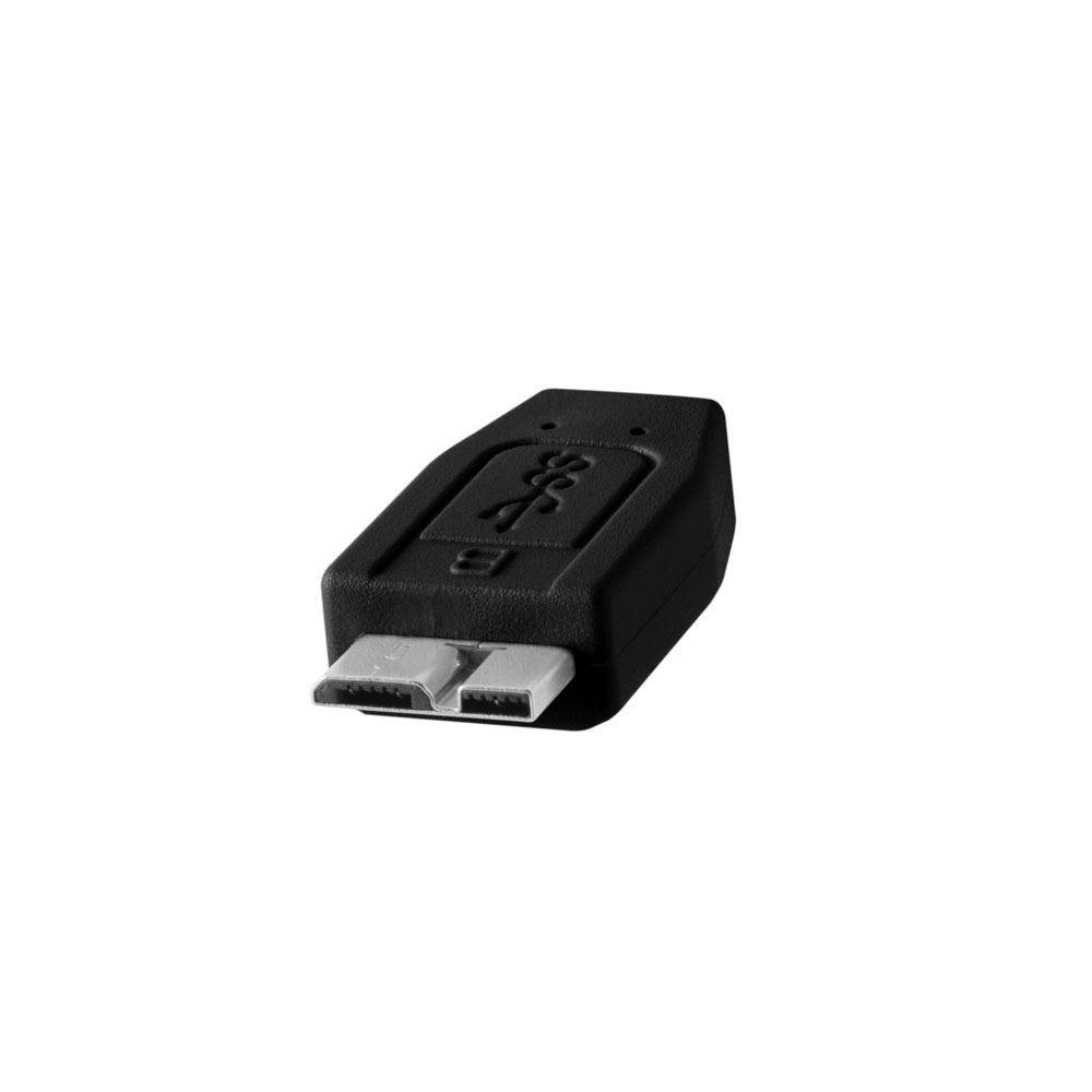 TetherPro-USB-30-to-Micro-B-02 The Tether Tools TetherPro USB 3.0-Micro-B - Black adapter features a black, angled connector with a two-pin head pointing forward on a white background.