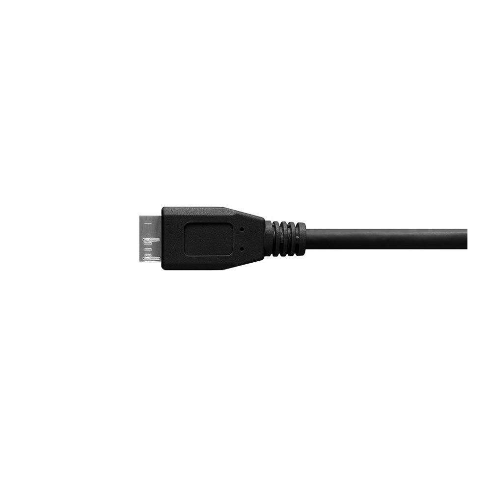 TetherPro-USB-30-to-Micro-B Close-up of the Tether Tools TetherPro USB 3.0 - Micro-B - Black cable with rectangular connector against a white background.