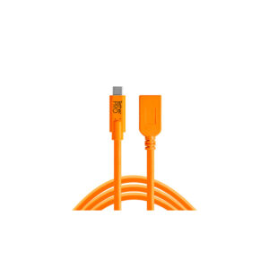 TetherPro USB-C-to-USB-A female adapter-03 Tether Tools TetherPro TetherPro USB-C to USB-A connector is a bright orange cable with a USB-C connector on the left and a rectangular USB-A connector on the right, both facing up against a white background.