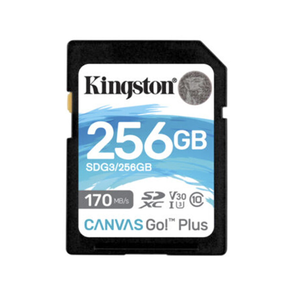 kingston 256gb Kingston 256GB SDXC-kortti (170MB/s, V30, UHS-I) - Käytetty; sininen ja valkoinen etiketti, luokitusluokka 10 ja U3.
