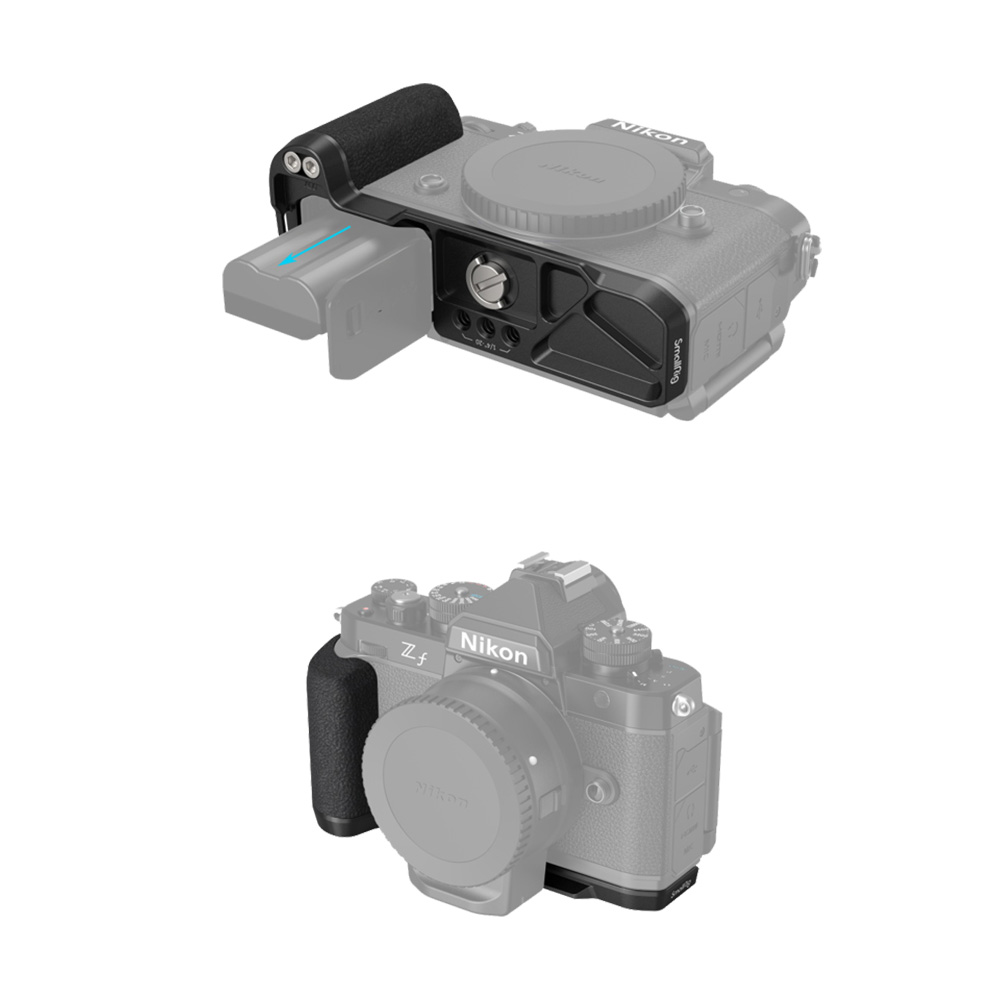 4262-L-Shape-Handle-for-Nikon-Z-f-02 Nikon Z fc, johon on kiinnitetty SmallRig 4262 L-muotoinen kahva Nikon Z f:lle; ylemmässä kuvassa näkyy akun pääsy kahvan kautta, ja molemmissa näkymissä kamera on puoliksi läpinäkyvä.