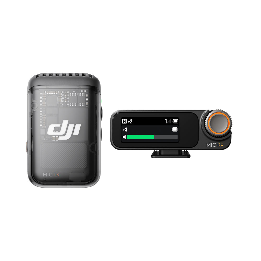 DJI_Mic2_1+1_002 Vasemmalla: kompakti musta DJI Mic 2 Single Set -langaton lähetin; oikealla: vastaava vastaanotin, jossa on näyttö, ohjauspyörä ja tilavalot - molemmissa on moderni muotoilu.