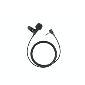 DJI_Mic2_LM_001 The DJI Lavalier Mic microphone with foam windscreen and long black cable ending in a rectangular 3.5mm audio jack is shown on a white background.