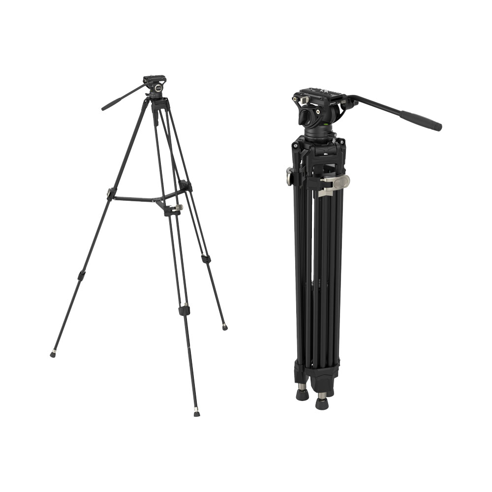 SMALLRIG--4163-Heavy-Duty-Aluminium-Video-Tripod-Kit-FreeBlazer-AD-80-04 Kuvassa on kaksi SmallRig 4163 Heavy-Duty Aluminium Video Tripod Kit FreeBlazer AD-80 -jalustaa: toinen täysin ulosvedettynä ja pystyssä, toinen taitettuna säilytystä varten. Molemmissa on säädettävät jalat ja panorointikahva.