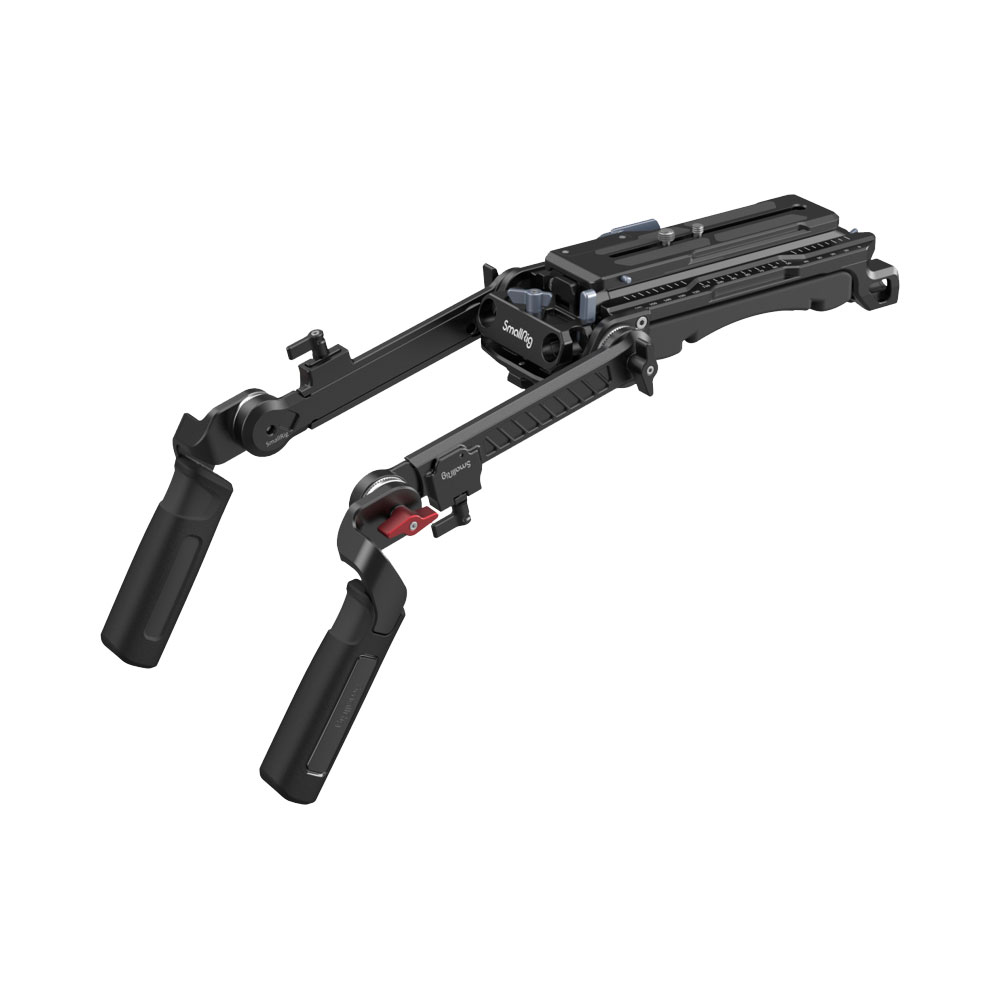 SMALLRIG--4274-02 SmallRig 4274 Shoulder Rig Kit Pro on musta, kaksikahvainen kamerateline, jossa on säädettävät varret ja kiinnityslevy ja joka on suunniteltu vakauttamaan ammattikäyttöön tarkoitettuja videokameroita käsivaralta kuvattaessa.