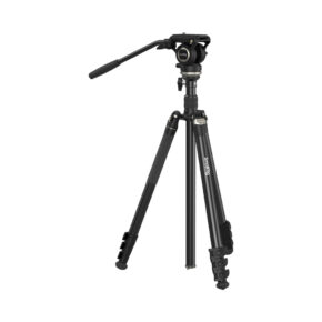 SmallRig-4475-Video-Tripod-Kit-CT210-01 The SmallRig 4475 Video Tripod Kit CT210 is a black camera tripod with adjustable legs, a liquid head and a long handle for smooth panning. One leg is extended to be wider than the others. The product name is visible on one leg.