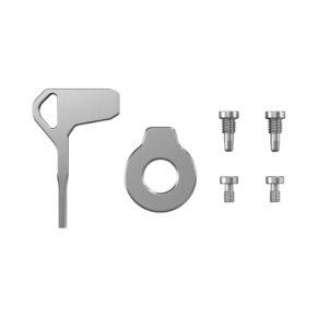 Smallrig_4385 The SmallRig 4385 Screw Set with Screwdrivers includes a key-shaped tool, a round part with a central hole, and four small screws arranged in two rows.