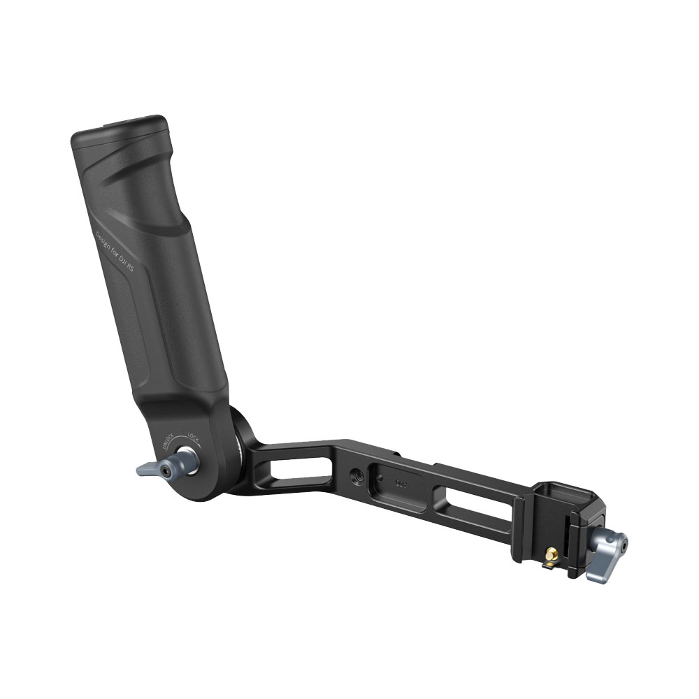 smallrig_4197_02 SmallRig 4197 Sling Handle for DJI RS 3 & RS 3 Mini on musta, L-muotoinen ergonominen kamerakahva, jossa on useita kiinnityspisteitä ja joka on suunniteltu kiinnitettäväksi kamerarigiin tai lisävarusteisiin.