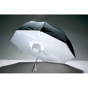 Godox 84cm Umbrella Box White/Silver on kuvassa avattuna ja kyljellään. Siinä on musta ulkopinta, valkoinen sisäpinta ja keskellä pyöreä reikä, jossa on kiinnitysjohdot.