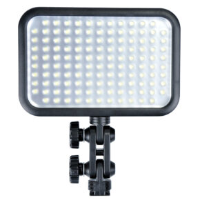 1373351125_161 Godox Led 126 is a rectangular LED video light panel featuring multiple small bulbs set within a black frame, mounted on an adjustable bracket with two knobs, and presented against a white background.