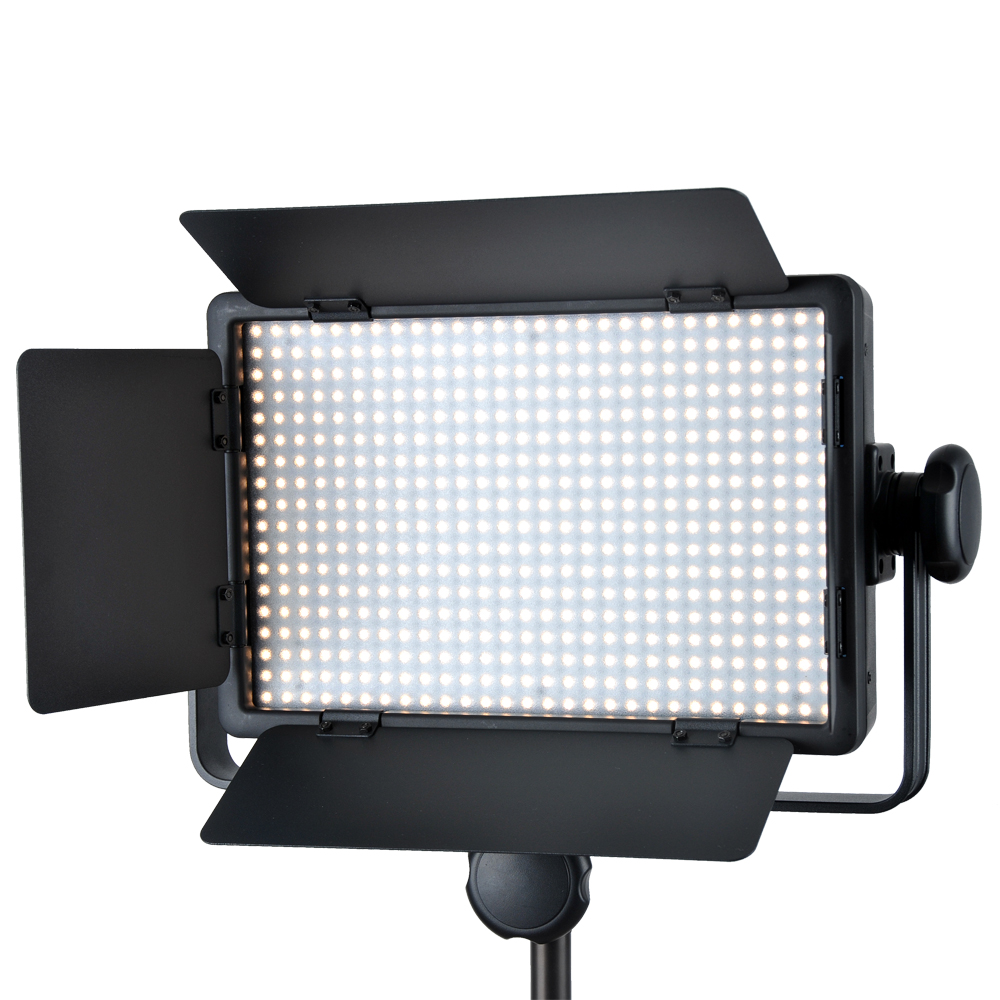 1448269108_588 The Godox LED 500W Daylight with Barndoor is a rectangular studio light with hundreds of small white LED lights, black barn doors on the sides and a tripod mount, ideal for professional photography and video production.