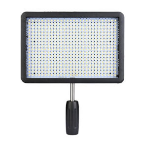 1461061398_627 The Godox LED 500L-C Bi-Colour is a rectangular panel light with a black body and numerous small LED bulbs fitted to the handle for handheld use, pictured against a white background.