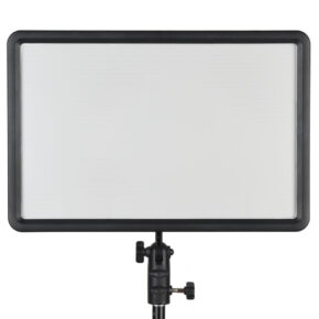 1485336083_272 Godox Led P260C, a rectangular LED panel luminaire with a black frame, is mounted on a stand and displayed against a white background.