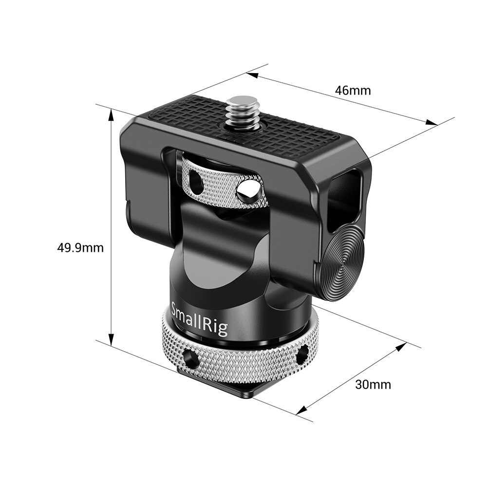 1562913762_588 SmallRig 2346 Swivel & Tilt Mount with Cold Shoe on musta sovitin, jossa on ruuvi yläosassa, nystyröidyt säätörenkaat pohjassa ja merkitty mitat: 49,9 mm korkeus, 46 mm leveys ja 30 mm pohjan halkaisija.