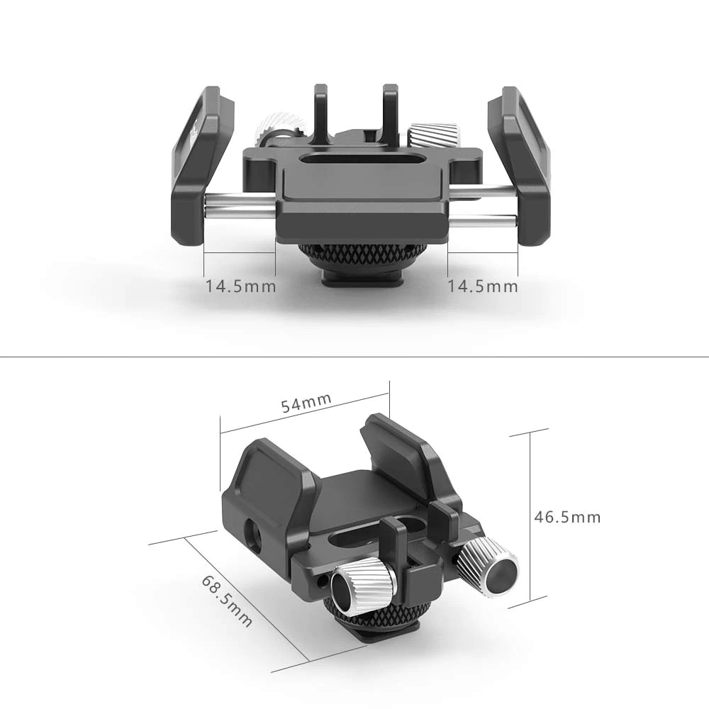 1566308581_966 SmallRig 2343 Universal Holder for External SSD on esitetty kahdessa näkymässä: yläosassa on 14,5 mm leveät paikat, kun taas sivussa on 54 mm:n pituus, 46,5 mm:n korkeus ja 68,5 mm:n leveys säätönupilla.