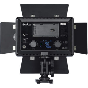 1579519696_737 Takakuva Godox Led LF308D LED-videovalaisimesta, jossa on säätönupit, LCD-näyttö, paristopaikka, neljä säädettävää lato-ovea valon suuntaamista varten ja näkyvä kiinnitys, jossa on säätövarsi yksikön alla.