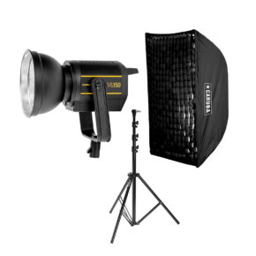 1584371501_384 The Godox VL150 Trio Kit LED light includes a black VL150 LED light, a foldable tripod stand and a rectangular ARUBA softbox with grid - ideal for professional photography.
