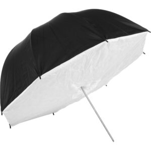 Godoxin 84 cm:n sateenvarjolaatikko White/Silver, jossa on valkoinen sisustus ja hopeiset korostukset sekä metallinen sauvakahva, näkyy osittain avattuna valkoista taustaa vasten.