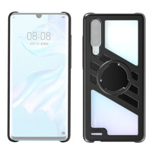 1586155348_356 Etu- ja takanäkymä Huawei P30:stä mustassa SmallRig 2430 Pocket Mobile Cage -mobiilihäkissä, jossa on geometriset leikkaukset ja pyöreä kiinnike. Näytössä näkyy 08:08 ja 11. huhtikuuta.