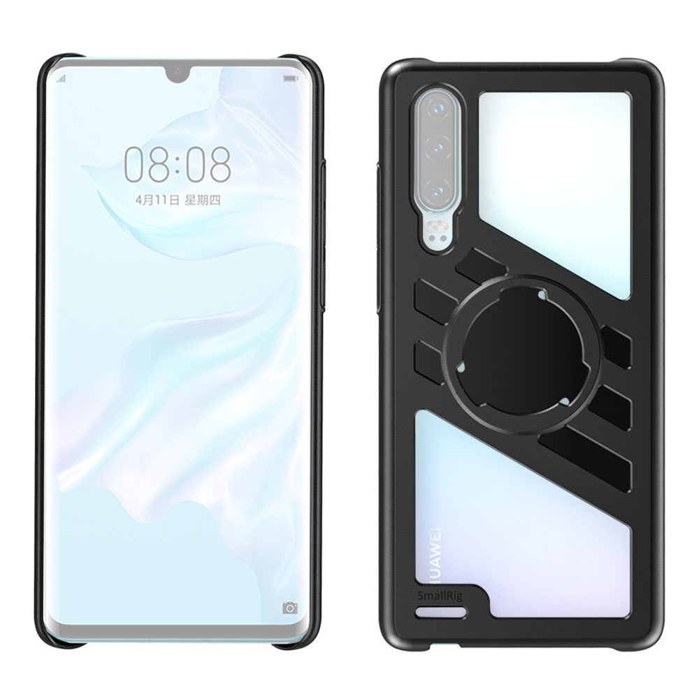 1586155348_356 Etu- ja takanäkymä Huawei P30:stä mustassa SmallRig 2430 Pocket Mobile Cage -mobiilihäkissä, jossa on geometriset leikkaukset ja pyöreä kiinnike. Näytössä näkyy 08:08 ja 11. huhtikuuta.