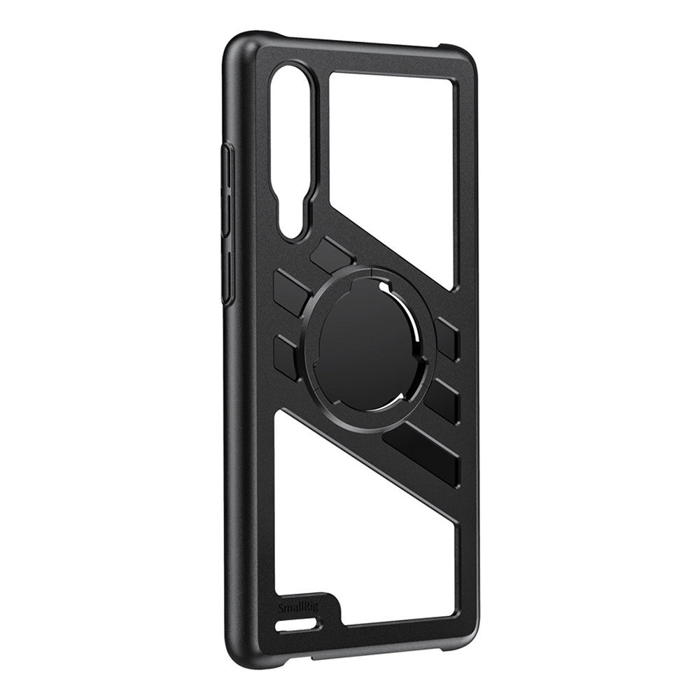 1586155350_791 SmallRig 2430 Pocket Mobile Cage for Huawei P30 on musta, kestävä puhelinkotelo, jossa on geometriset leikkaukset ja keskeinen pyöreä rengaspidike, joka on suunniteltu sopimaan älypuhelimiin, joissa on kaksi takakameraa.