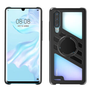 1586155354_436 Kaksi näkymää Huawei P30:stä SmallRig 2430 Pocket Mobile Cagessa: etupuolella näytön kello 08:08 on kevyt taustakuva, kun taas takapuolella on musta suojakotelo, jossa on pyöreä kiinnitys ja kaltevuusvärit.