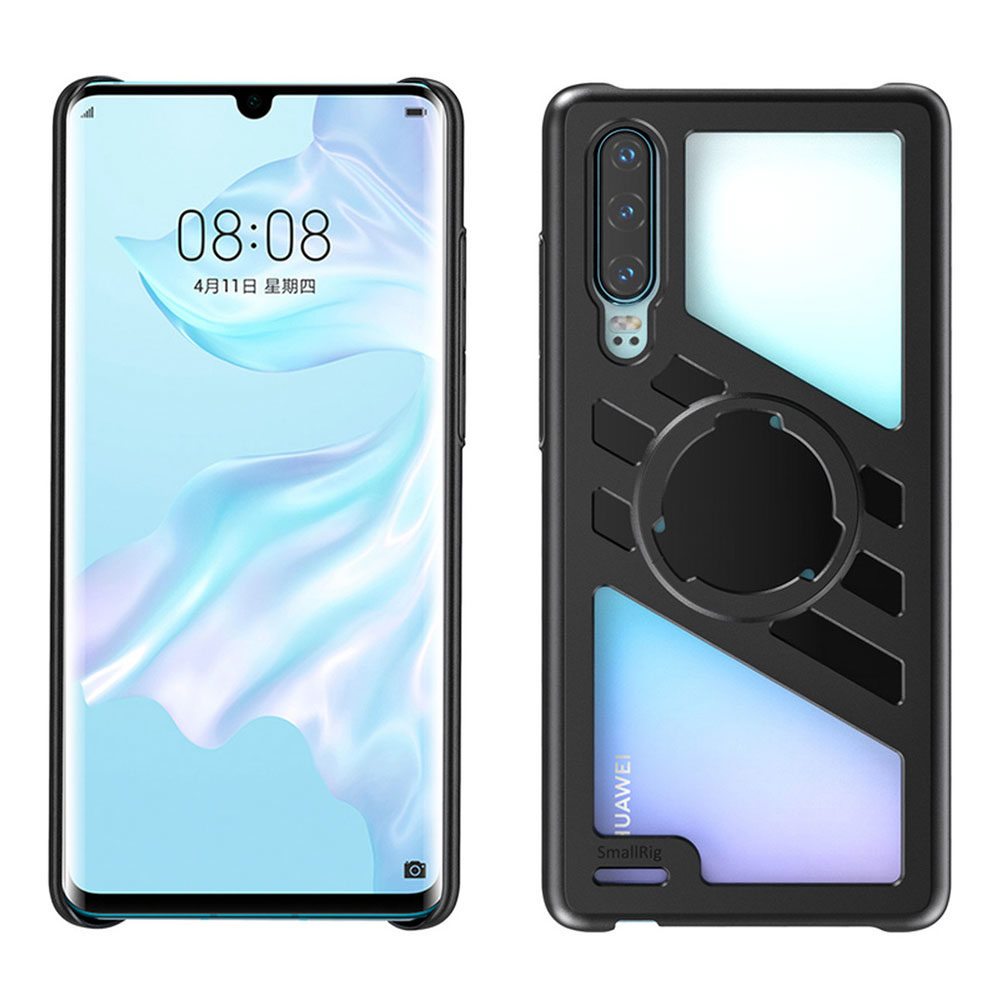 1586155354_436 Kaksi näkymää Huawei P30:stä SmallRig 2430 Pocket Mobile Cagessa: etupuolella näytön kello 08:08 on kevyt taustakuva, kun taas takapuolella on musta suojakotelo, jossa on pyöreä kiinnitys ja kaltevuusvärit.