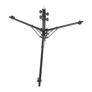 1591864596_553 Godox 190F Compact Adjustable Leg Light Stand -valaisinjalustan kolme mustaa jalkaa on ylhäältä päin katsottuna täysin ulospäin ojennettuna ja keskimmäinen napa on pystyssä, ja sen akselin varrella on säätönupit.
