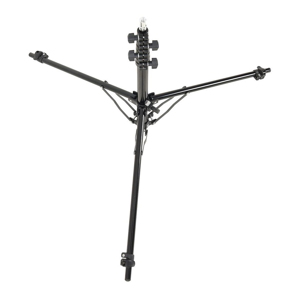 1591864596_553 Godox 190F Compact Adjustable Leg Light Stand -valaisinjalustan kolme mustaa jalkaa on ylhäältä päin katsottuna täysin ulospäin ojennettuna ja keskimmäinen napa on pystyssä, ja sen akselin varrella on säätönupit.