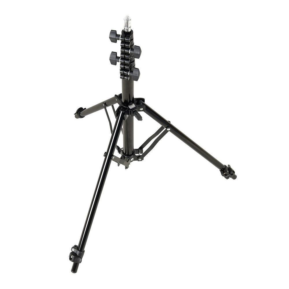 1591864597_651 Godox 190F Compact Adjustable Leg Light Stand -valaisinjalusta, jossa on musta viimeistely, kolme jalkaa, useita kiristysnuppeja ja keskeinen tukitanko, näkyy valkoista taustaa vasten.
