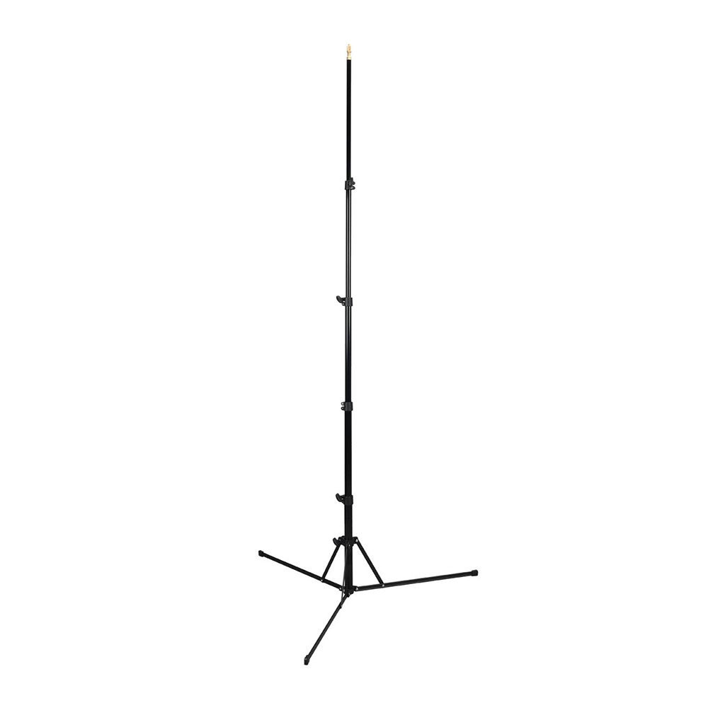 1591864785_852 Godox 210F Reversible Leg Light Stand on korkea, musta kolmijalka, jossa on säädettävä korkeus ja kolme tukevaa metallijalkaa vakauden takaamiseksi.