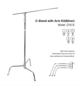 1592924657_778 Godox 270CS C-Stand with Arm & Grip Head (270cm) -jalustassa on irrotettava jalusta ja nousutuki, se kantaa 10 kg:n painon, sisältää 95 cm:n varren, painaa 6,3 kg ja on kuvassa purettuna.
